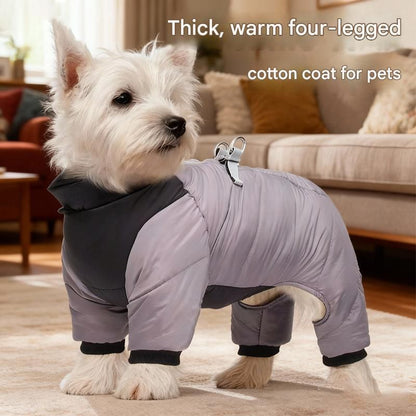 Blue S size Winter Dog Jumpsuit Coat – Waterproof Four-Leg Pet Jacket with Reflective Harness Clip, Windproof Warm Padded Puppy Snowsuit, Adjustable Polyester Dog Clothing for Small to Medium Dogs