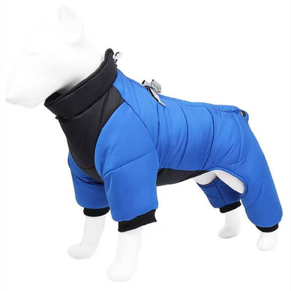 Blue L size Winter Dog Jumpsuit Coat – Waterproof Four-Leg Pet Jacket with Reflective Harness Clip, Windproof Warm Padded Puppy Snowsuit, Adjustable Polyester Dog Clothing for Small to Medium Dogs