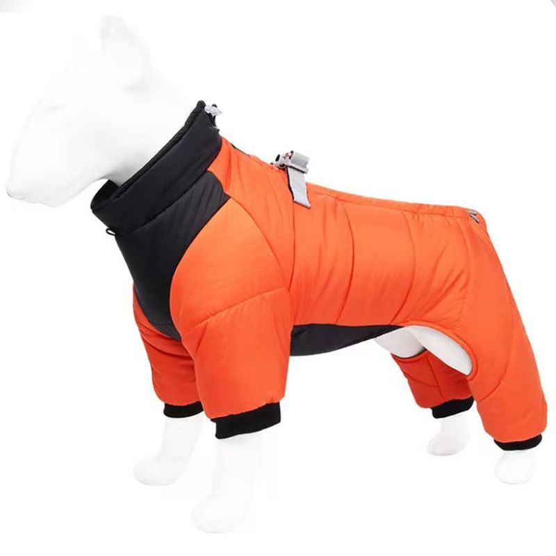 Orange S size Winter Dog Jumpsuit Coat – Waterproof Four-Leg Pet Jacket with Reflective Harness Clip, Windproof Warm Padded Puppy Snowsuit, Adjustable Polyester Dog Clothing for Small to Medium Dogs