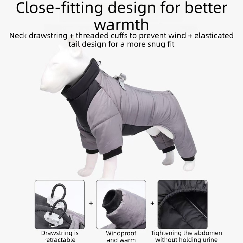 Orange L size Winter Dog Jumpsuit Coat – Waterproof Four-Leg Pet Jacket with Reflective Harness Clip, Windproof Warm Padded Puppy Snowsuit, Adjustable Polyester Dog Clothing for Small to Medium Dogs