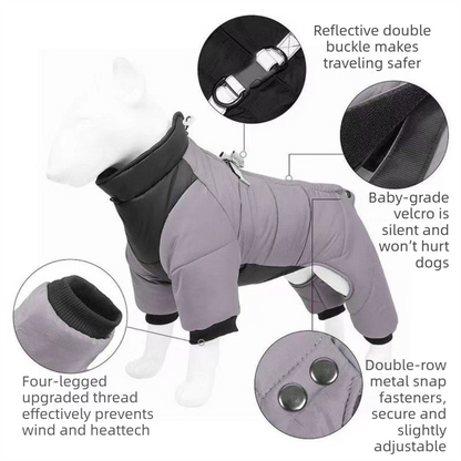 Orange L size Winter Dog Jumpsuit Coat – Waterproof Four-Leg Pet Jacket with Reflective Harness Clip, Windproof Warm Padded Puppy Snowsuit, Adjustable Polyester Dog Clothing for Small to Medium Dogs