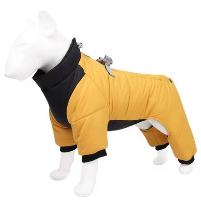 Yellow S size Winter Dog Jumpsuit Coat – Waterproof Four-Leg Pet Jacket with Reflective Harness Clip, Windproof Warm Padded Puppy Snowsuit, Adjustable Polyester Dog Clothing for Small to Medium Dogs