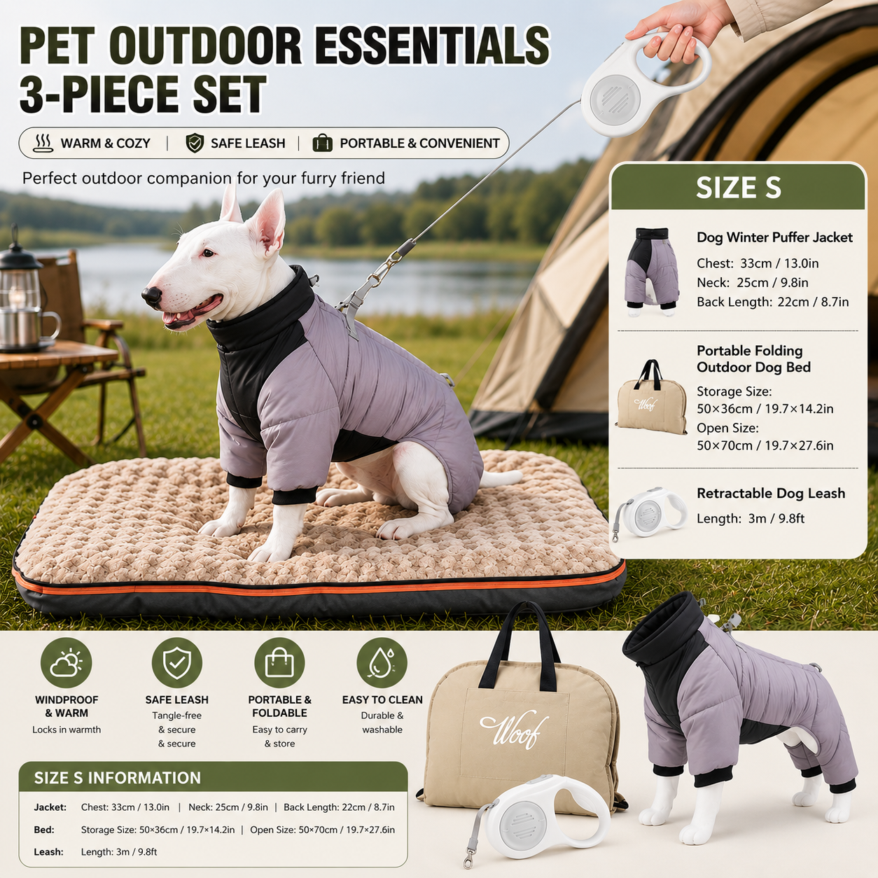 3-Piece Grey Winter Pet Outdoor Travel  Set – grey s size Reflective Dog Puffer Jacket, grey 3m Retractable Leash & grey Portable Foldable Dog Bed