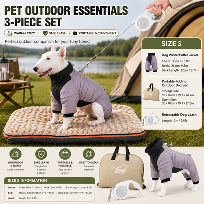 3-Piece Grey Winter Pet Outdoor Travel  Set – grey s size Reflective Dog Puffer Jacket, grey 3m Retractable Leash & grey Portable Foldable Dog Bed