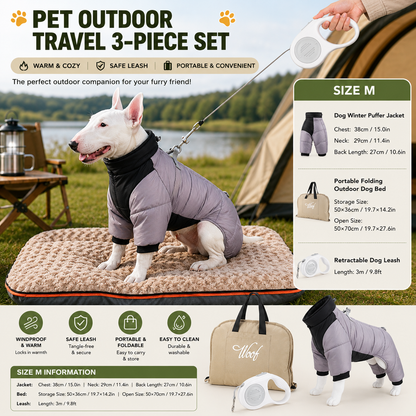 3-Piece Grey Winter Pet Outdoor Travel  Set – grey m size Reflective Dog Puffer Jacket, grey 3m Retractable Leash & grey Portable Foldable Dog Bed