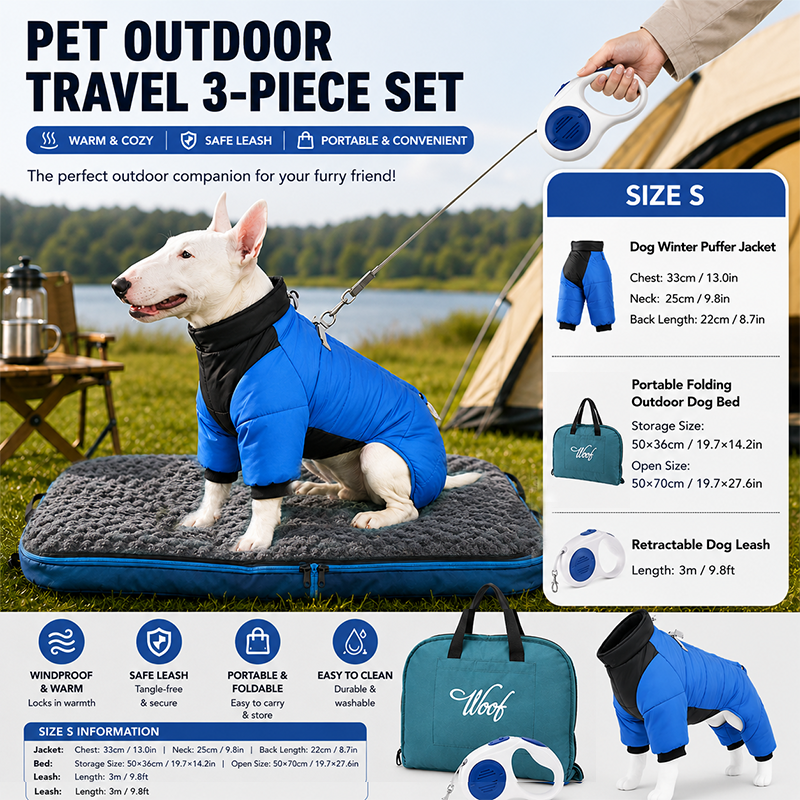 3-Piece Blue Winter Pet Outdoor Travel  Set – blue  s size Reflective Dog Puffer Jacket, blue  3m Retractable Leash & blue  Portable Foldable Dog Bed