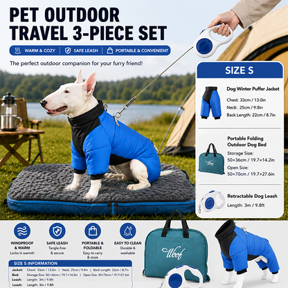 3-Piece Blue Winter Pet Outdoor Travel  Set – blue  s size Reflective Dog Puffer Jacket, blue  3m Retractable Leash & blue  Portable Foldable Dog Bed