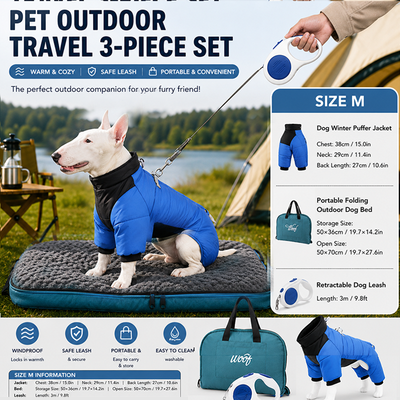 3-Piece Blue Winter Pet Outdoor Travel  Set – blue m size Reflective Dog Puffer Jacket, blue  3m Retractable Leash & blue  Portable Foldable Dog Bed