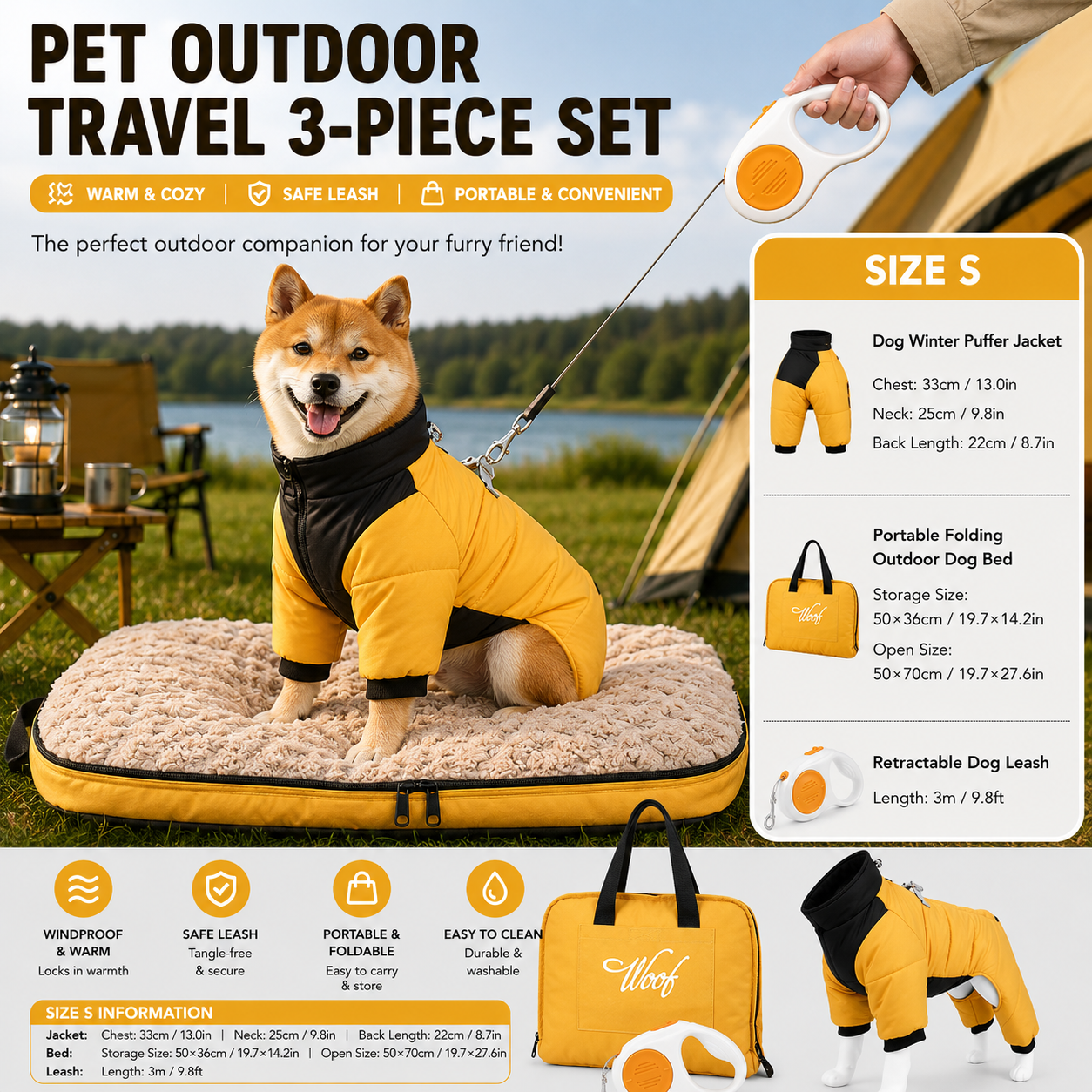 3-Piece Yellow Winter Pet Outdoor Travel  Set – yellow s size Reflective Dog Puffer Jacket, orange 3m Retractable Leash & yellow Portable Foldable Dog Bed