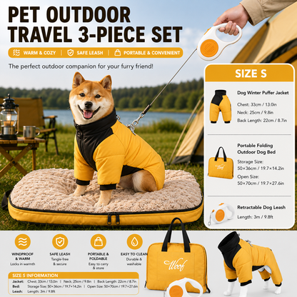 3-Piece Yellow Winter Pet Outdoor Travel  Set – yellow s size Reflective Dog Puffer Jacket, orange 3m Retractable Leash & yellow Portable Foldable Dog Bed