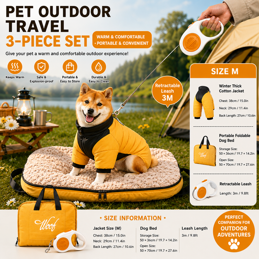 3-Piece Yellow Winter Pet Outdoor Travel  Set – yellow m size Reflective Dog Puffer Jacket, orange 3m Retractable Leash & yellow Portable Foldable Dog Bed