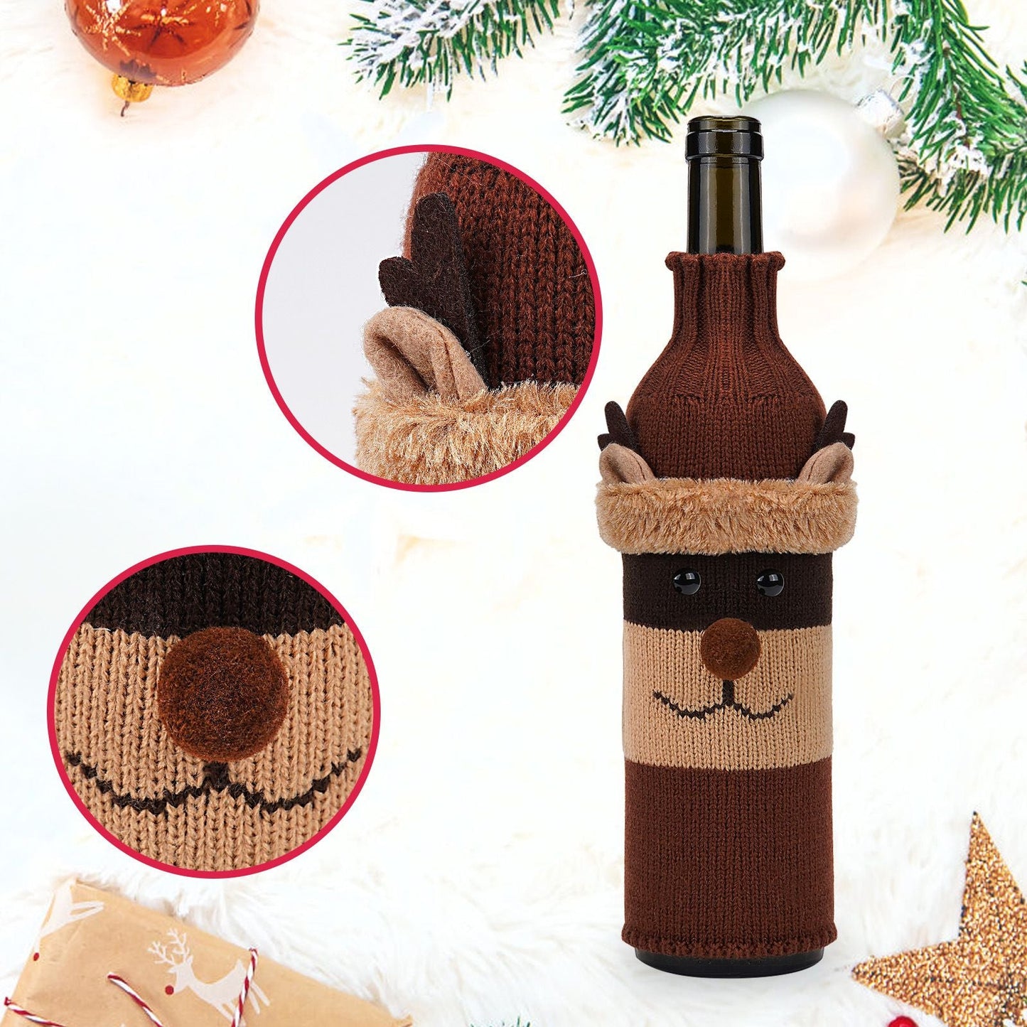 Reindeer Style  Knitted Christmas Wine Bottle Cover - Festive Table Decor for Holiday Parties and Home Dining