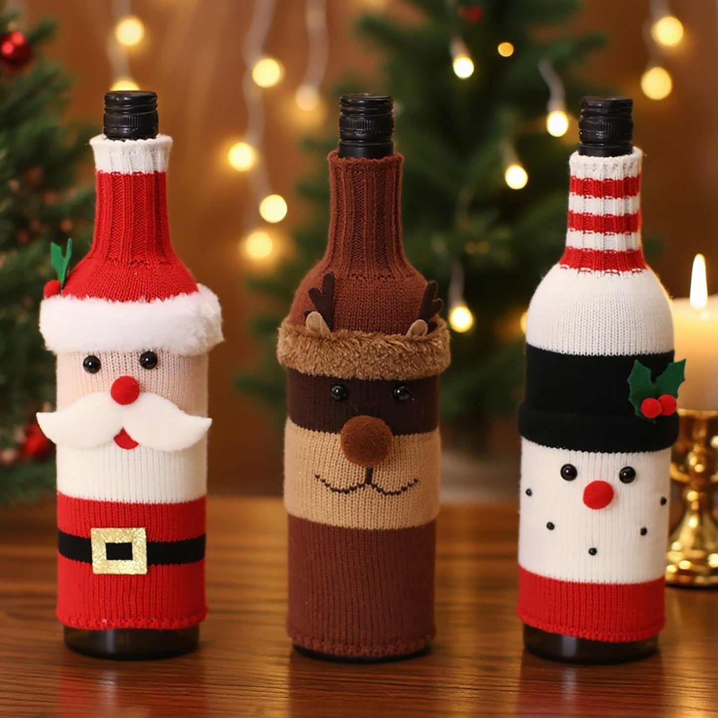 3-piece Santa Claus and Reindeer Snowman and Designs Style  Knitted Christmas Wine Bottle Cover - Festive Table Decor for Holiday Parties and Home Dining