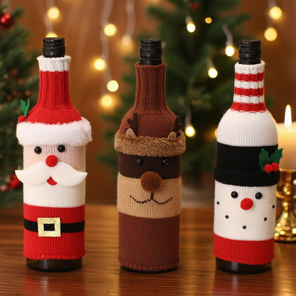 3-piece Santa Claus and Reindeer Snowman and Designs Style  Knitted Christmas Wine Bottle Cover - Festive Table Decor for Holiday Parties and Home Dining