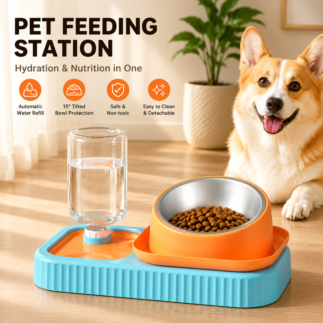 Blue and Orange Cat & Dog Feeding Station with Water Dispenser – Elevated Stainless Steel Pet Bowl Set with Slow Feeder, Anti-Spill Design and Automatic Water Supply