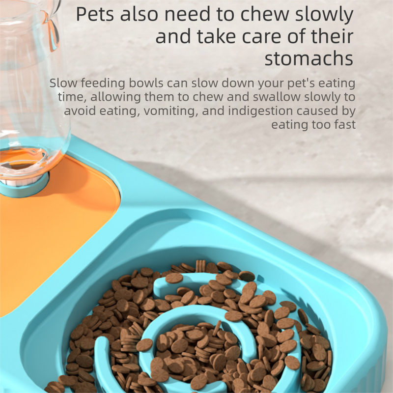 Blue and Orange Cat & Dog Feeding Station with Water Dispenser – Elevated Stainless Steel Pet Bowl Set with Slow Feeder, Anti-Spill Design and Automatic Water Supply