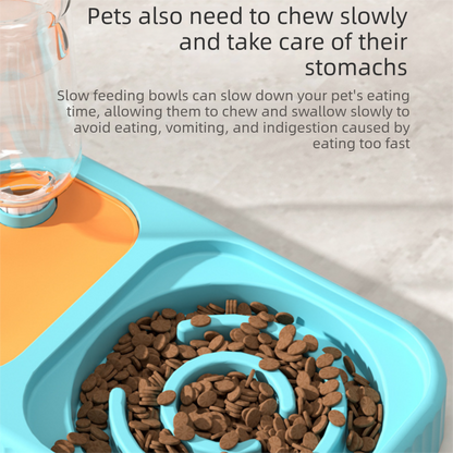 Blue and Orange Cat & Dog Feeding Station with Water Dispenser – Elevated Stainless Steel Pet Bowl Set with Slow Feeder, Anti-Spill Design and Automatic Water Supply