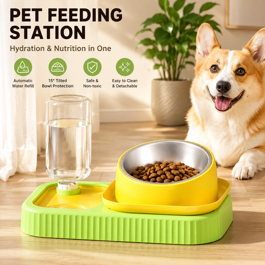 Yellow and Green Cat & Dog Feeding Station with Water Dispenser – Elevated Stainless Steel Pet Bowl Set with Slow Feeder, Anti-Spill Design and Automatic Water Supply