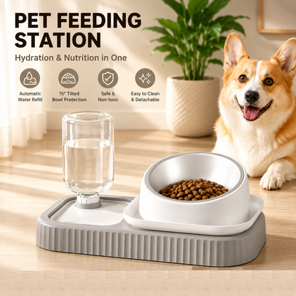 Grey and  White Cat & Dog Feeding Station with Water Dispenser – Elevated Stainless Steel Pet Bowl Set with Slow Feeder, Anti-Spill Design and Automatic Water Supply