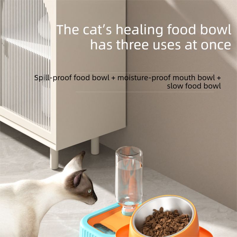 Grey and  White Cat & Dog Feeding Station with Water Dispenser – Elevated Stainless Steel Pet Bowl Set with Slow Feeder, Anti-Spill Design and Automatic Water Supply