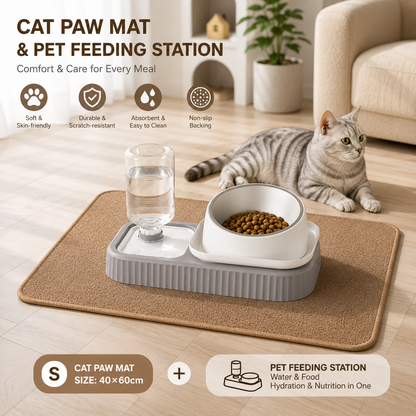 2 pcs  Grey and White Cat Feeding Station with Water Dispenser &  Slow Feeder Bowl Plus Cat Scratching Mat Set Brown 40x60cm Pet Dining and Furniture Protection Bundle
