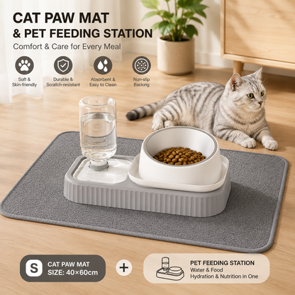 2 pcs  Grey and White Cat Feeding Station with Water Dispenser &  Slow Feeder Bowl Plus Cat Scratching Mat Set Gery 40x60cm Pet Dining and Furniture Protection Bundle