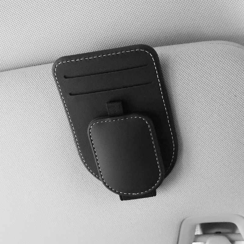 Black Car Sun Visor Eyeglasses Holder Magnetic Glasses Clip with Card Storage Multifunction Auto Sunglasses Organizer PVC Leather Interior Accessory