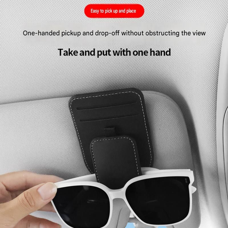 Black Car Sun Visor Eyeglasses Holder Magnetic Glasses Clip with Card Storage Multifunction Auto Sunglasses Organizer PVC Leather Interior Accessory