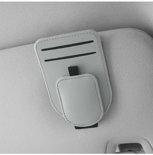 Grey Car Sun Visor Eyeglasses Holder Magnetic Glasses Clip with Card Storage Multifunction Auto Sunglasses Organizer PVC Leather Interior Accessory