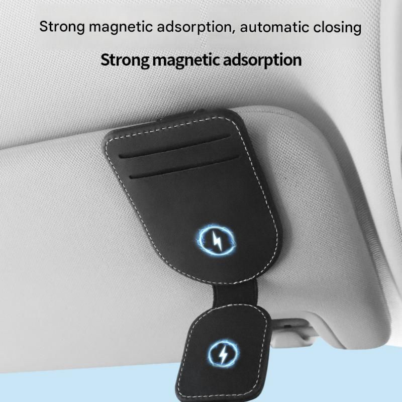 Grey Car Sun Visor Eyeglasses Holder Magnetic Glasses Clip with Card Storage Multifunction Auto Sunglasses Organizer PVC Leather Interior Accessory