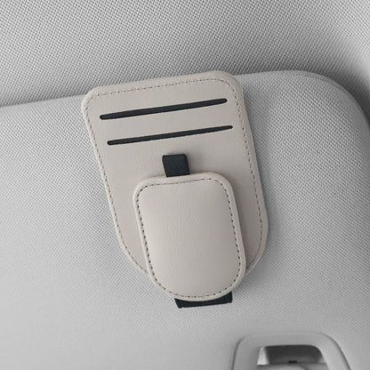 Beige Car Sun Visor Eyeglasses Holder Magnetic Glasses Clip with Card Storage Multifunction Auto Sunglasses Organizer PVC Leather Interior Accessory