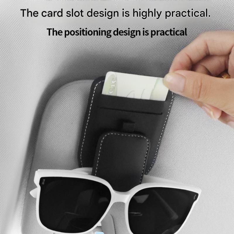 Beige Car Sun Visor Eyeglasses Holder Magnetic Glasses Clip with Card Storage Multifunction Auto Sunglasses Organizer PVC Leather Interior Accessory