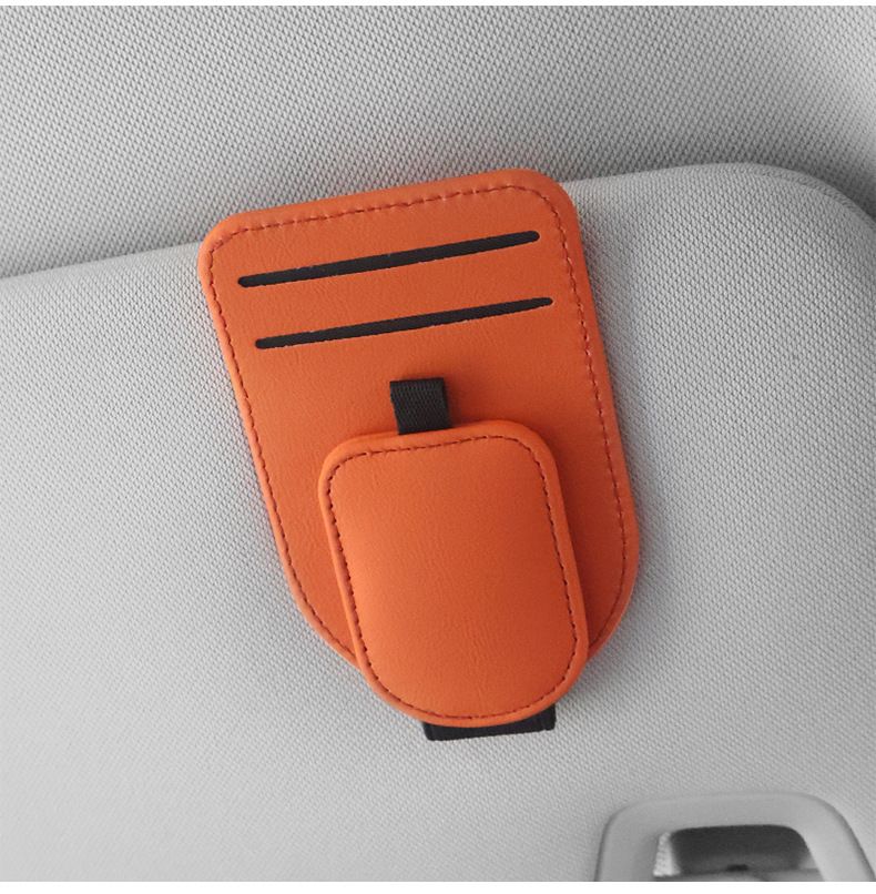 Orange Car Sun Visor Eyeglasses Holder Magnetic Glasses Clip with Card Storage Multifunction Auto Sunglasses Organizer PVC Leather Interior Accessory