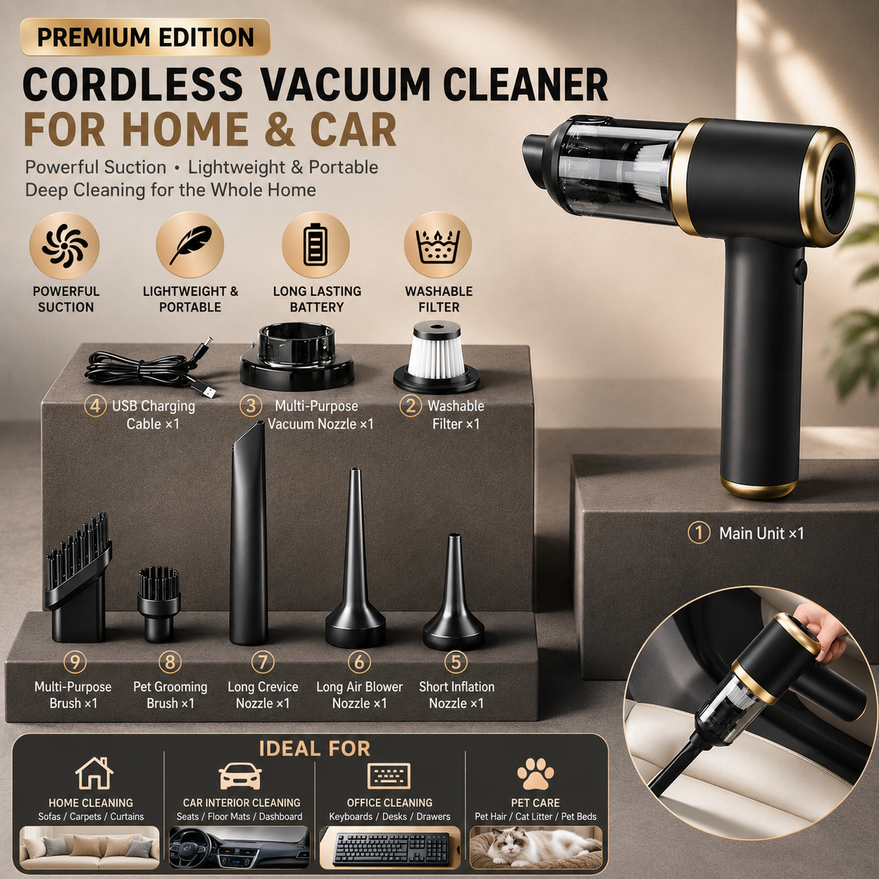 Black Handheld Cordless  Vacuum Cleaner Air Duster 4-in-1 Mini Vacuum Blower Rechargeable Portable Auto Home Cleaning Tool