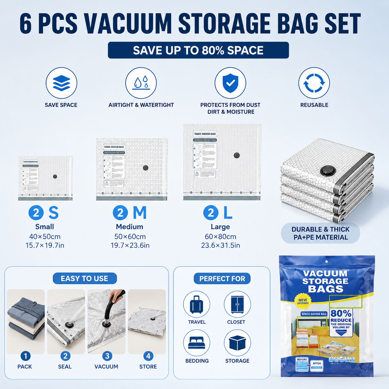 6-piece Travel Vacuum Storage Bags Set for Clothes and Bedding, Space Saving Compression Bags for Suitcases, Wardrobes and Seasonal Storage, Reusable PA+PE Vacuum Seal Bags