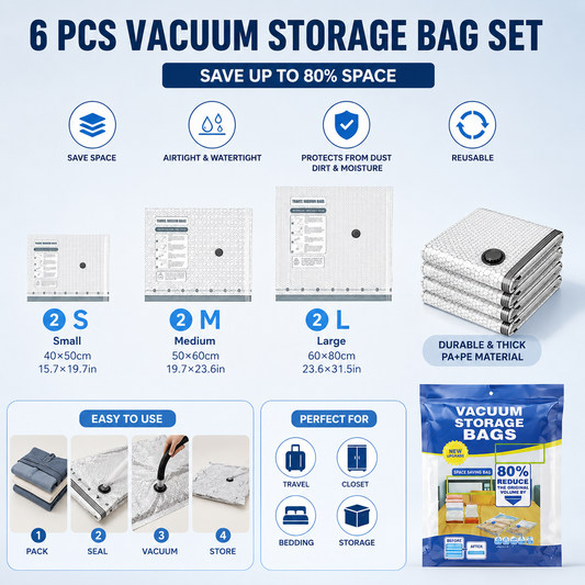 6-piece Travel Vacuum Storage Bags Set for Clothes and Bedding, Space Saving Compression Bags for Suitcases, Wardrobes and Seasonal Storage, Reusable PA+PE Vacuum Seal Bags