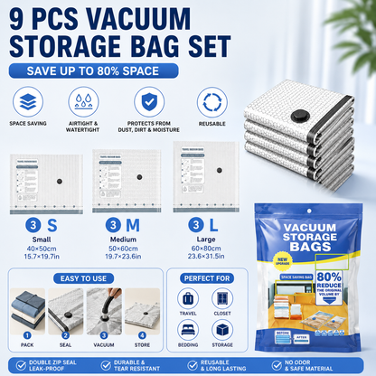 9-piece Travel Vacuum Storage Bags Set for Clothes and Bedding, Space Saving Compression Bags for Suitcases, Wardrobes and Seasonal Storage, Reusable PA+PE Vacuum Seal Bags