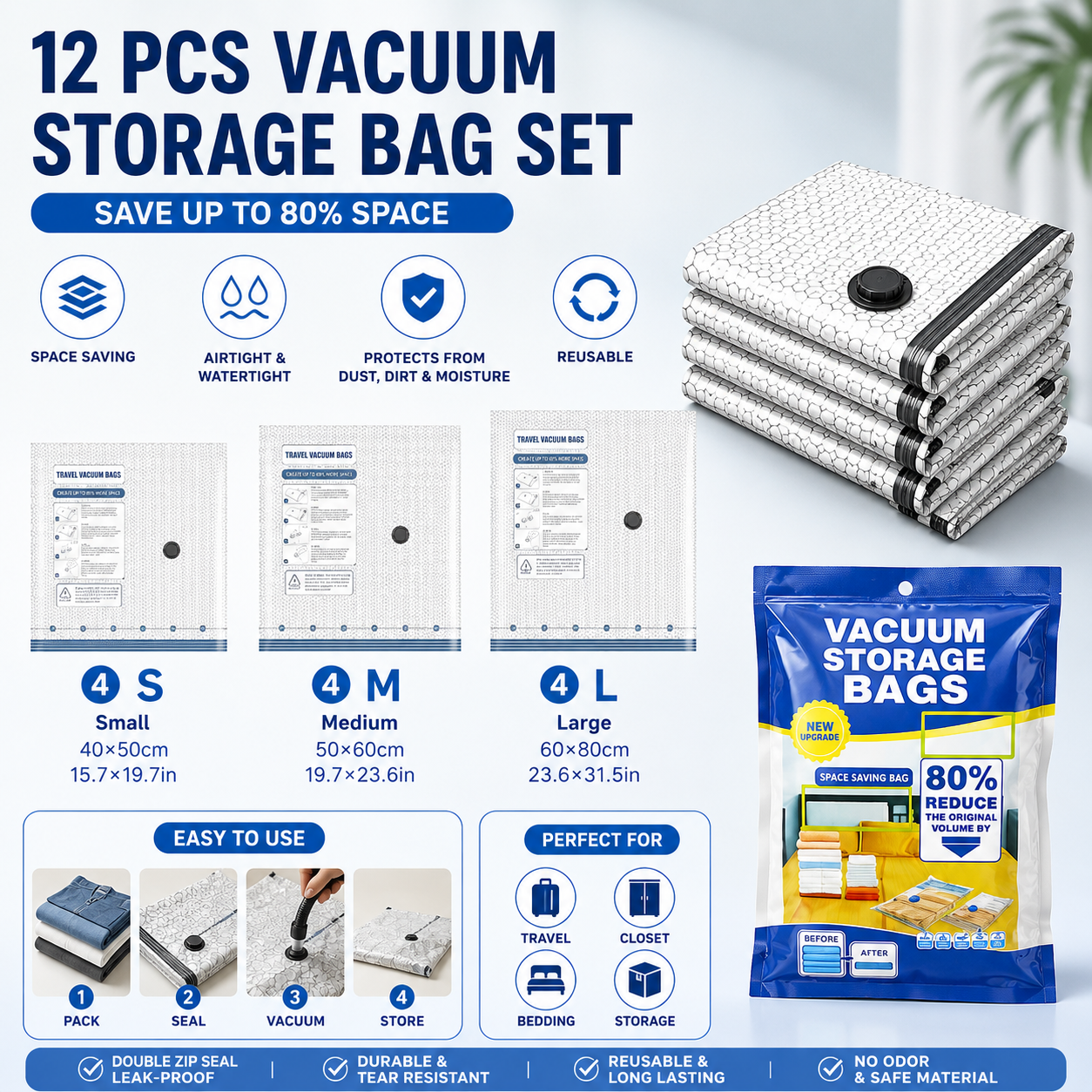 12-piece Travel Vacuum Storage Bags Set for Clothes and Bedding, Space Saving Compression Bags for Suitcases, Wardrobes and Seasonal Storage, Reusable PA+PE Vacuum Seal Bags