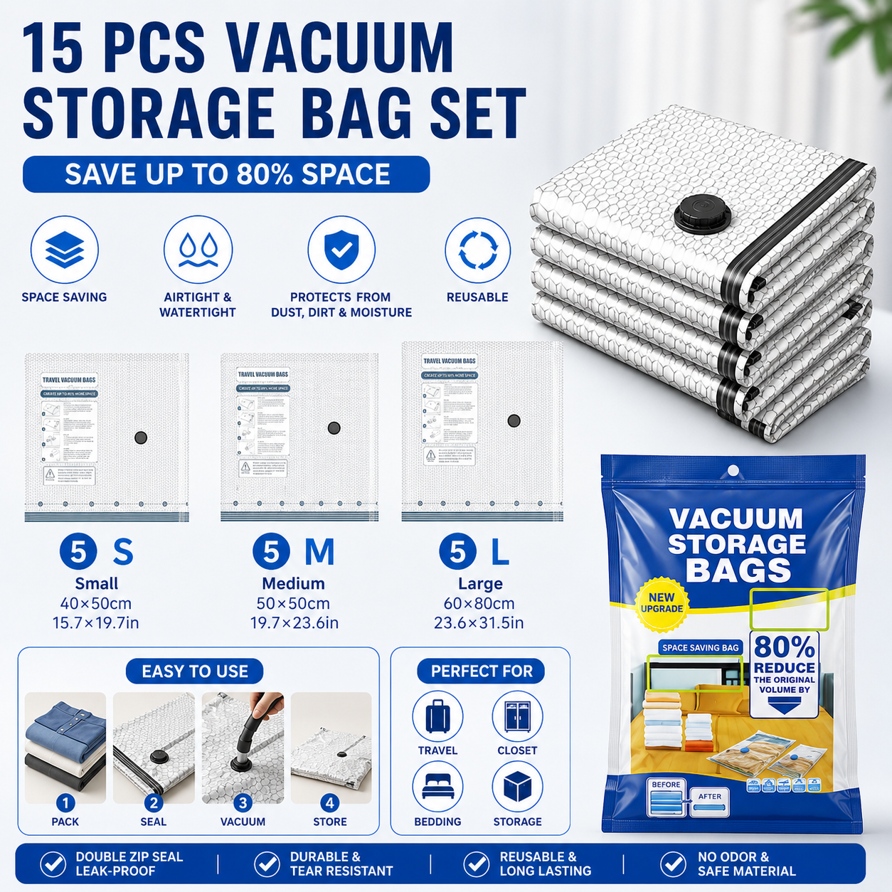 15-piece Travel Vacuum Storage Bags Set for Clothes and Bedding, Space Saving Compression Bags for Suitcases, Wardrobes and Seasonal Storage, Reusable PA+PE Vacuum Seal Bags