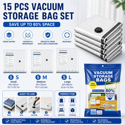 15-piece Travel Vacuum Storage Bags Set for Clothes and Bedding, Space Saving Compression Bags for Suitcases, Wardrobes and Seasonal Storage, Reusable PA+PE Vacuum Seal Bags
