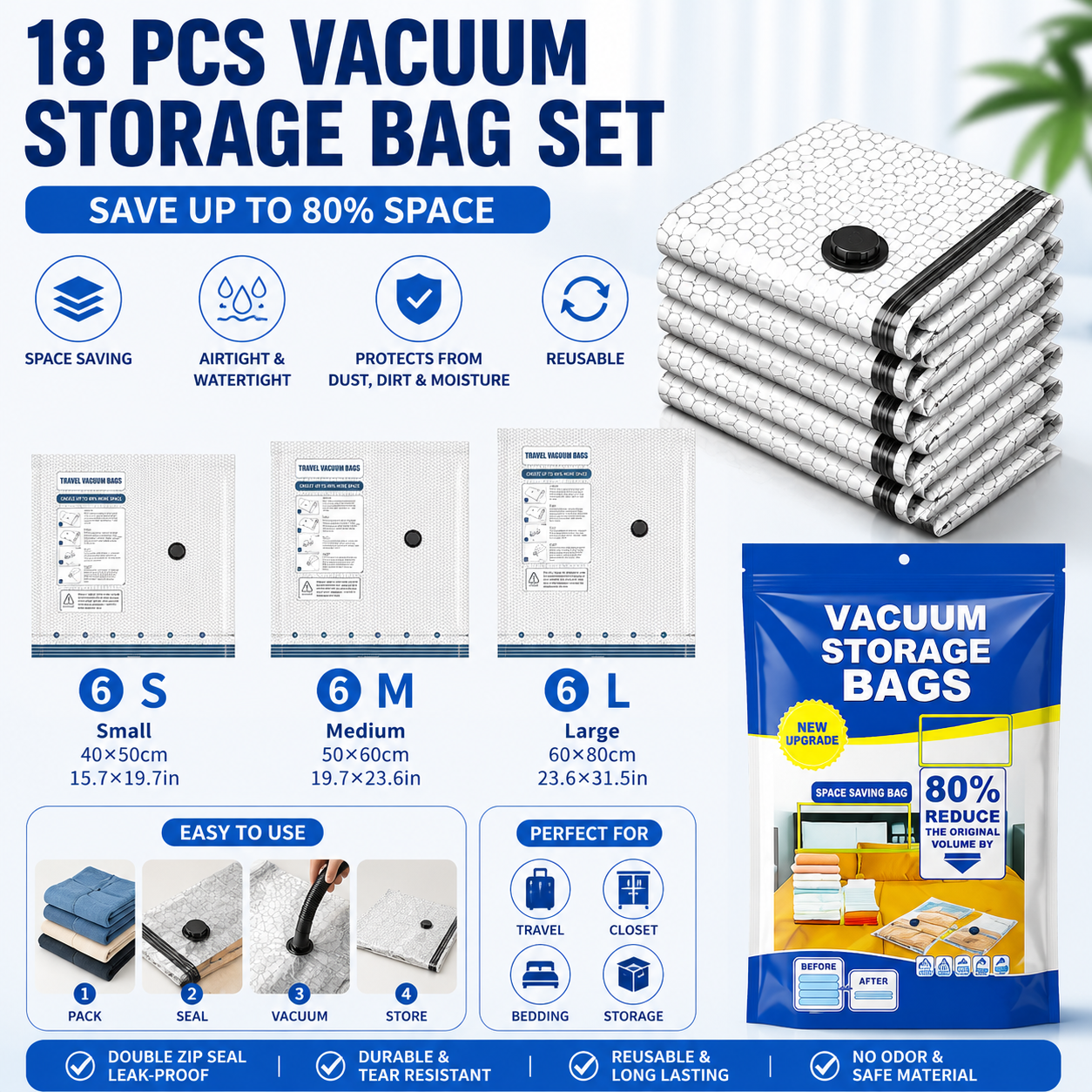 18-piece Travel Vacuum Storage Bags Set for Clothes and Bedding, Space Saving Compression Bags for Suitcases, Wardrobes and Seasonal Storage, Reusable PA+PE Vacuum Seal Bags