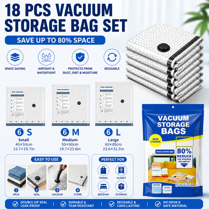 18-piece Travel Vacuum Storage Bags Set for Clothes and Bedding, Space Saving Compression Bags for Suitcases, Wardrobes and Seasonal Storage, Reusable PA+PE Vacuum Seal Bags