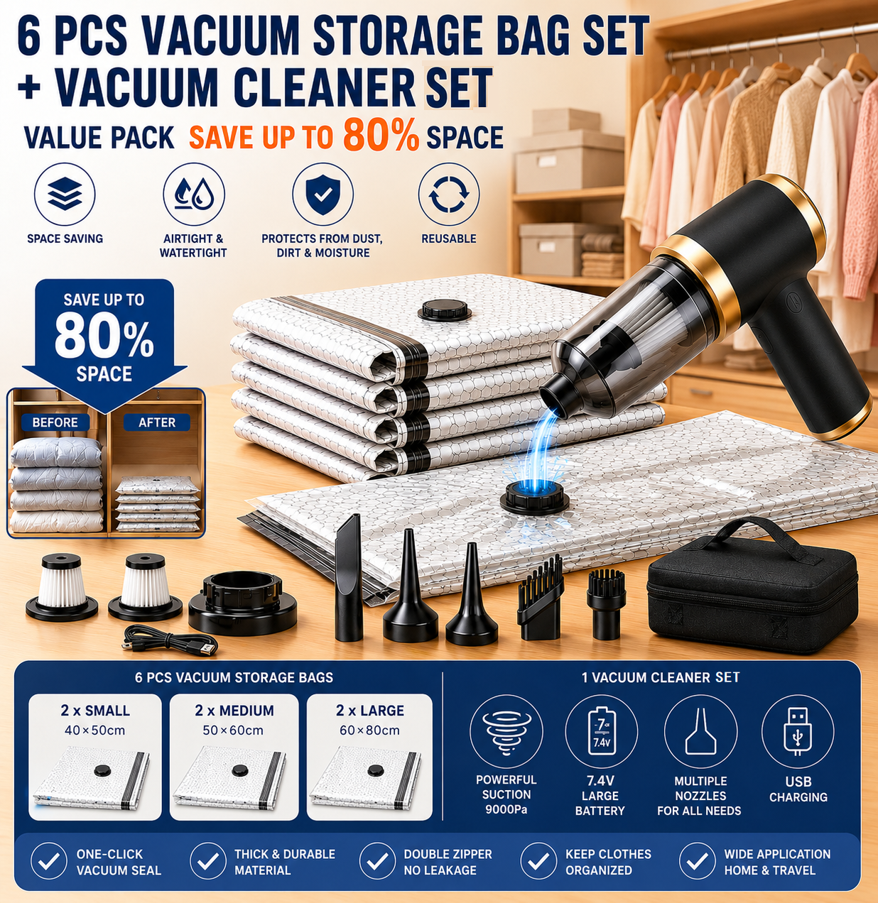 Portable Cordless Handheld Vacuum Cleaner & 6-piece Vacuum Storage Bag Set, 4-in-1 Air Duster, Vacuum Pump and Suction Cleaner with Reusable Compression Bags for Home and Travel