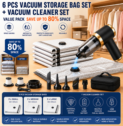 Portable Cordless Handheld Vacuum Cleaner & 6-piece Vacuum Storage Bag Set, 4-in-1 Air Duster, Vacuum Pump and Suction Cleaner with Reusable Compression Bags for Home and Travel