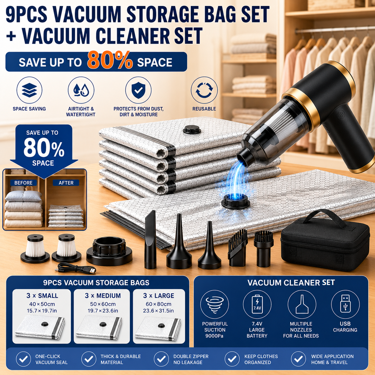 Portable Cordless Handheld Vacuum Cleaner & 9-piece Vacuum Storage Bag Set, 4-in-1 Air Duster, Vacuum Pump and Suction Cleaner with Reusable Compression Bags for Home and Travel