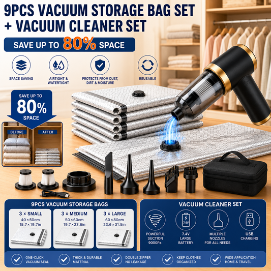 Portable Cordless Handheld Vacuum Cleaner & 9-piece Vacuum Storage Bag Set, 4-in-1 Air Duster, Vacuum Pump and Suction Cleaner with Reusable Compression Bags for Home and Travel