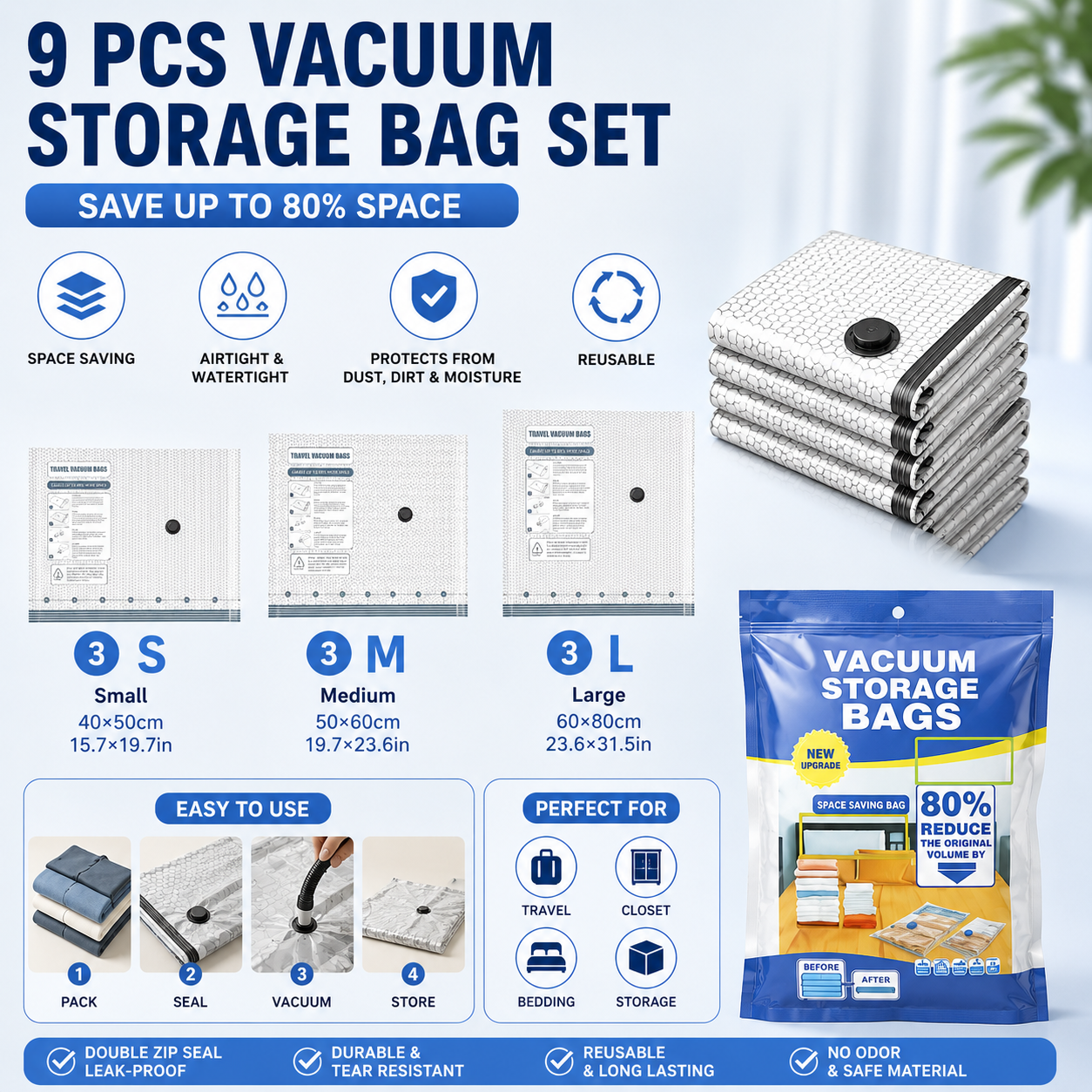 Portable Cordless Handheld Vacuum Cleaner & 9-piece Vacuum Storage Bag Set, 4-in-1 Air Duster, Vacuum Pump and Suction Cleaner with Reusable Compression Bags for Home and Travel