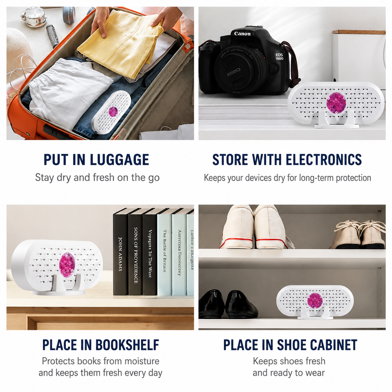 Mini Rechargeable Dehumidifier for Wardrobes, Closets and Shoe Cabinets, Reusable Moisture Absorber with Colour Indicator, Compact Anti-Mould Humidity Control Device