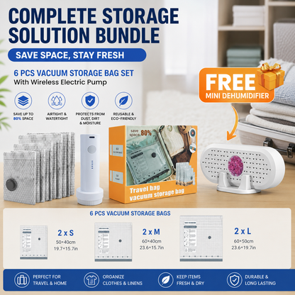 6 Pack Vacuum Storage Bags and  Wireless Electric Pump and Renewable Mini Dehumidifier Bundle, Travel Compression Storage Set for Clothes, Blankets and Bedding