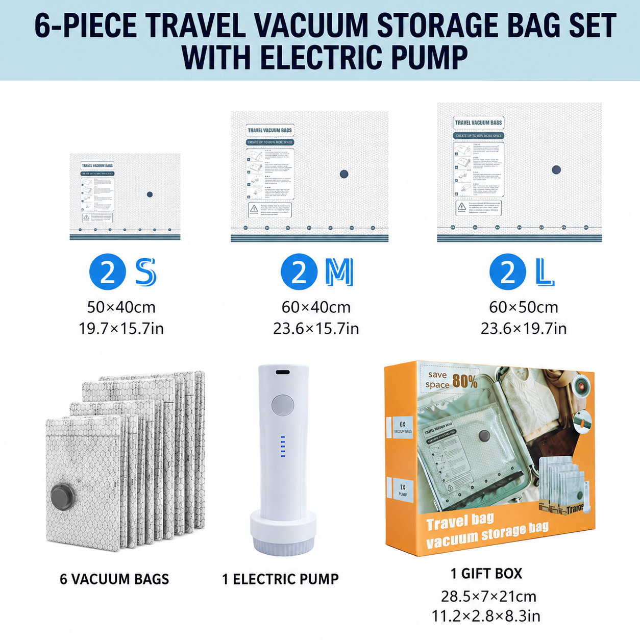 6 Pack Vacuum Storage Bags and  Wireless Electric Pump and Renewable Mini Dehumidifier Bundle, Travel Compression Storage Set for Clothes, Blankets and Bedding